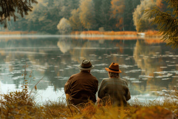 Senior couple fishing by tranquil lake in autumn