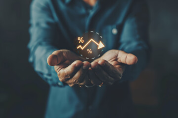 The Businessman holds up an arrow icon and percentage with graph indicators for investment growth.