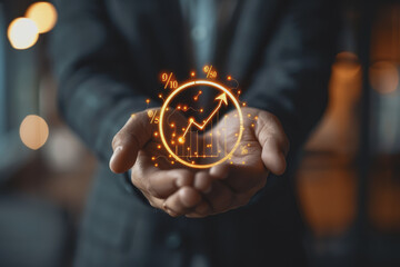 The Businessman holds up an arrow icon and percentage with graph indicators for investment growth.