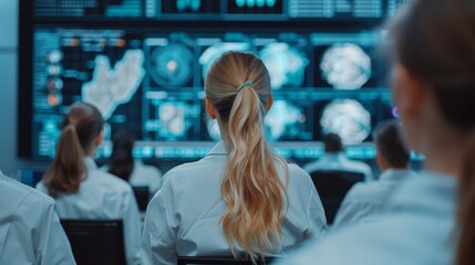 Group of diverse academics in a modern lecture hall, engaging in a lively debate, digital screens and holograms displaying complex theories