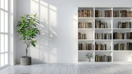 Minimalist Interior with Bookshelves, Vintage Books and Plants - Generative AI