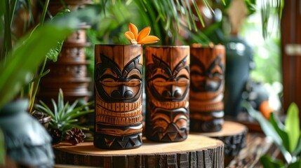 Three Carved Tiki Mugs With Tropical Decor