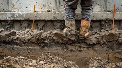 Building a reinforced concrete fence base for a retaining wall with earthwork and copy space for top view banner
