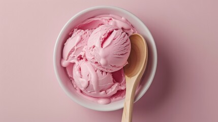 Bowl of creamy pink ice cream, wooden spoon, pastel pink surface, professional ad composition, isolated, studio lighting, text-friendly