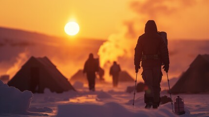 Shoreline at dawn, expedition team setting up camp, soft morning light creating a peaceful ambiance, hot steam rising from thermal equipment