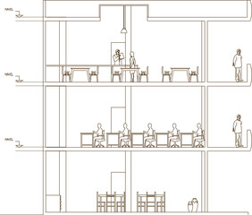 Vector silhouette illustration sketch of detailed design of architectural engineering designs and sections of school buildings and educational courses 