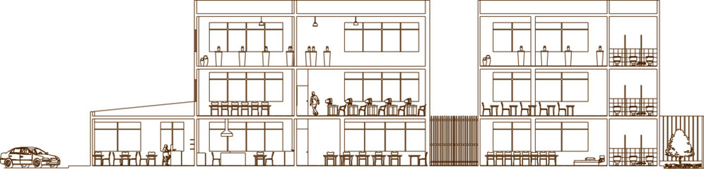 Vector silhouette illustration sketch of detailed design of architectural engineering designs and sections of school buildings and educational courses