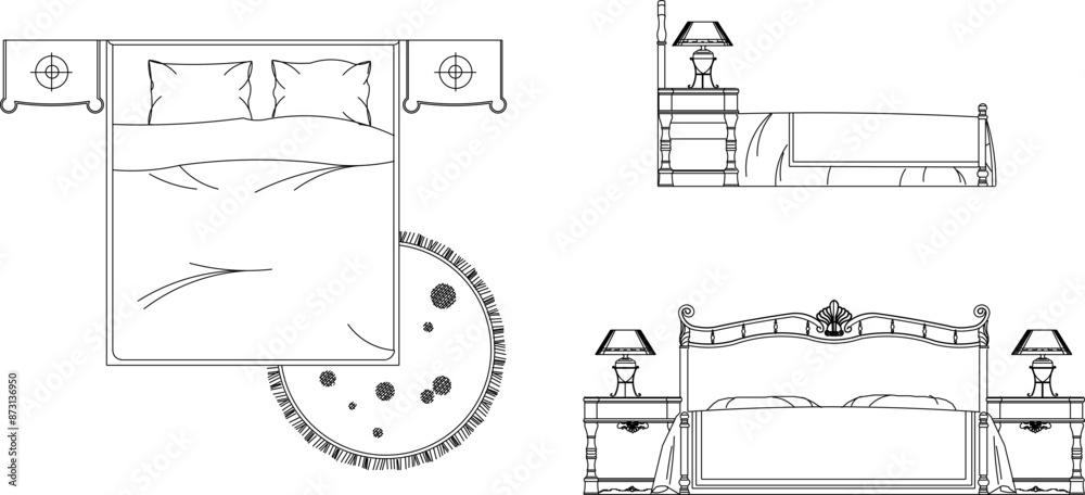 Wall mural vector silhouette illustration sketch of detailed image of bed design for bedroom interior