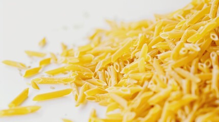 Fototapeta premium Pile of dried yellow pasta on white background