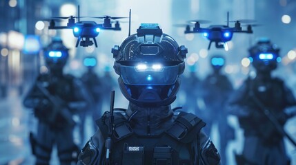 Futuristic police force with communication helmets and drones