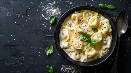 Italian tortellini in cream sauce and Parmesan cheese top view on black background with spoon square image