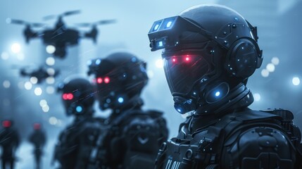 Futuristic police force with communication helmets and drones