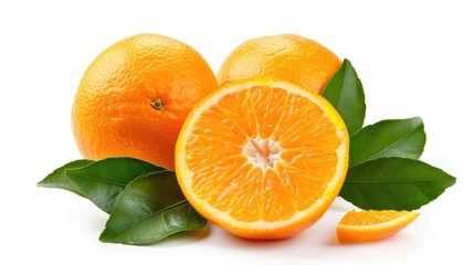 Isolated Fresh Orange Citrus Fruit with Leaves on White Background