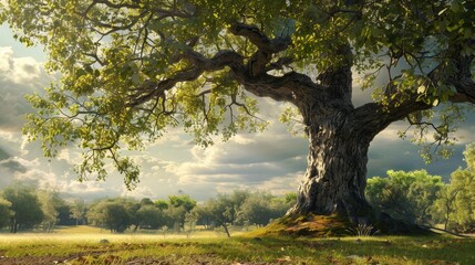 Fototapeta premium Ancient oak tree in the center of an open area