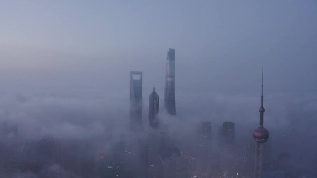 Aerial shot of Shanghai city financial district skyline in China