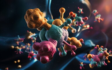 A digital illustration of colorful, molecular structures resembling viruses or cells, floating in a dark, 3D space with a blue glow effect.