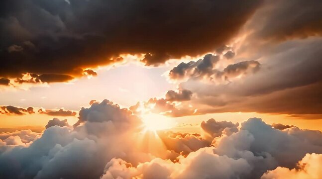 Above clouds sunset. Flying through heavenly beautiful sunny cloudscape. Amazing timelapse of fluffy clouds moving softly in the sky and the sun shining above the clouds with beautiful rays