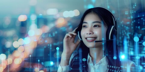 At an office workstation, a call center agent helps, talks, or networks online. Insurance agent, smiling woman, or graphic hologram communicating at customer service work.