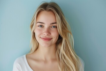Naklejka premium Woman's skincare, hair care, makeup, and natural cosmetics for skin radiance image. Dermatology, spa, and joyful model face with clean hair growth