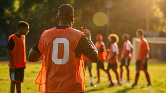 Rugby players and men chat on a field at sunrise. After training or playing with friends, sports teams and players sit together.