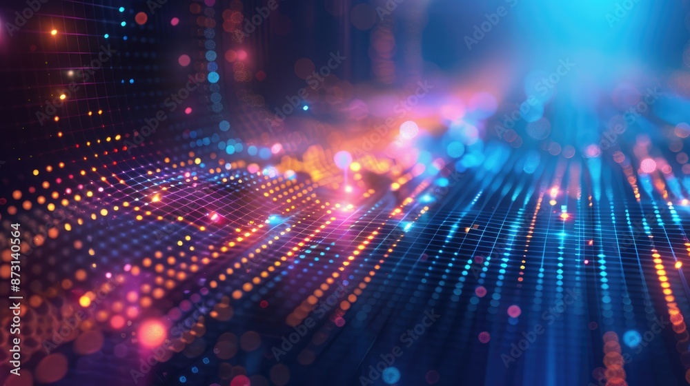 Poster an abstract background with a futuristic digital matrix of glowing dots and lines.