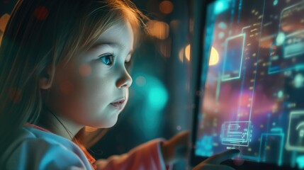 Little caucasian preschool or primary school girl sitting at night with futuristic digital overlay technology tablet as new way of teaching concept