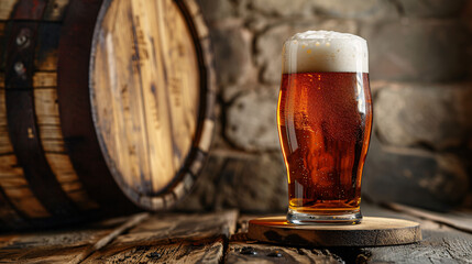 Serene Minimalist Scene of Pint of Beer on Vintage Wooden Keg - Perfect for Brewery Promotions