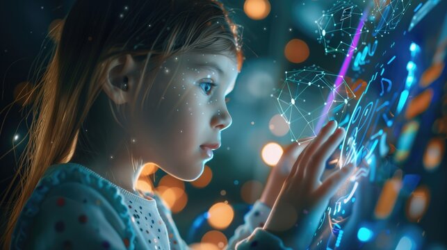 Little caucasian preschool or primary school girl sitting at night with futuristic digital overlay technology tablet as new way of teaching concept