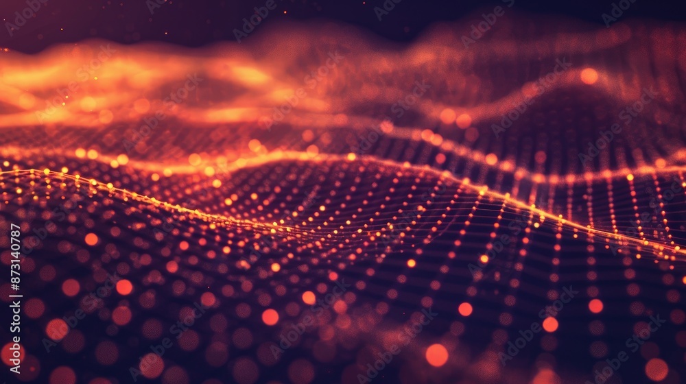 Poster an abstract background with a futuristic digital matrix of glowing dots and lines.