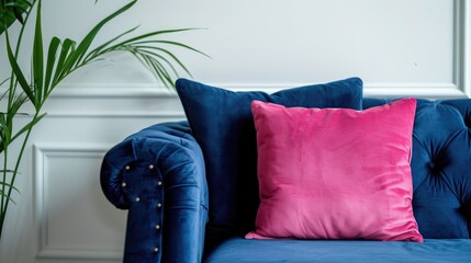 Pink pillow on navy blue therapist s sofa in white room