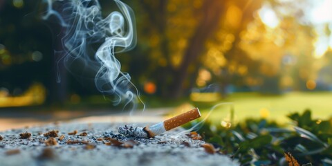 A burning cigarette with an ashy tip on a fuzzy background. Smoking causes health problems and addiction. Addiction to nicotine can lead