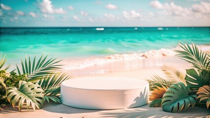 Obraz premium Mockup round white podium bright 3D on a beach with white sand paradise tropical island with waves in the ocean. Ideal for product presentation, themed visuals