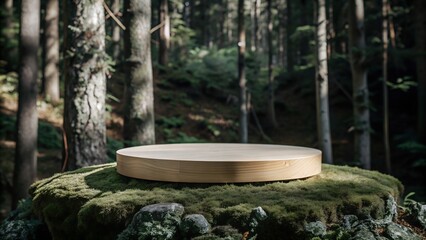Mock-up of a 3D round wooden podium in the form of a tree stump in the forest in summer, the natural atmosphere of wildlife. Ideal for product presentation, themed visuals