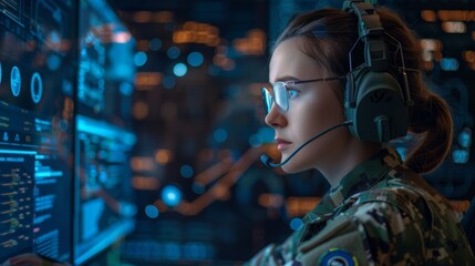 Location or tactical strategy portrait, army communication, and double exposure with a woman online. A headset-wearing young soldier talks to a soldier on a map, dashboard, or interface
