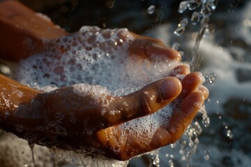 Fototapeta premium Handwashing and soap at the sink prevent bacteria, viruses, and infection. Handwashing, home skincare, faucet, wellbeing, or bubbles