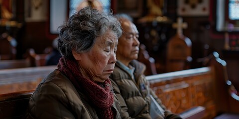 Gospel, prayer, old woman at church for God, holy spirit, or catholic cathedral or Christian society. Bow or elderly person in chapel or sanctuary to glorify Jesus Christ during faith worship