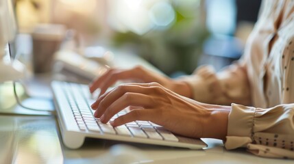 An office businesswoman types for network updates, online insight, and internet. Employee, desktop keyboard, and technology, data planning, and administration study.