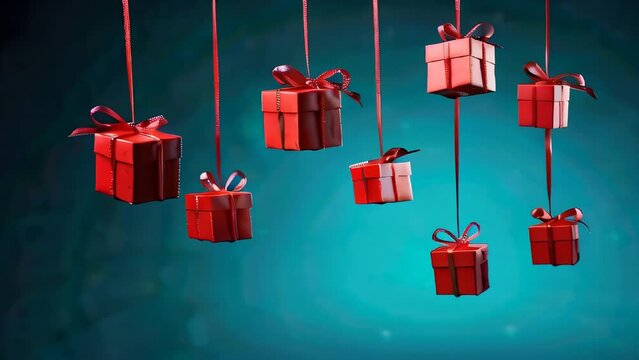 Many red gift boxes flying and hanging on festive blue background