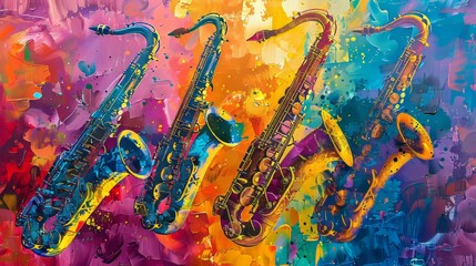 Colorful saxophones in a vibrant jazz fusion, abstract pianos with swirling notes, creating an energetic and dynamic musical landscape