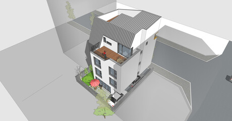 abstract architecture background, 3d rendering of a modern multi-family house with various window types 