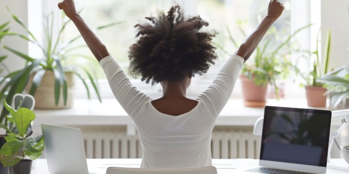 Stretching, office desk, hardworking woman with computer for website creation, SEO marketing, or copywriter strategy. Creative, exhausted graphic designer working overtime on ux ui web design - Powered by Adobe