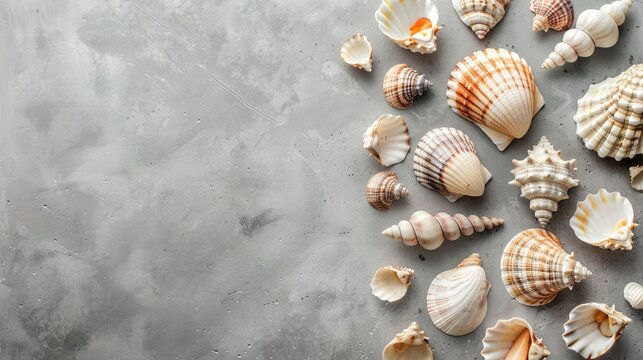 Sea shells on gray background Summer theme with shells flat lay and copy space