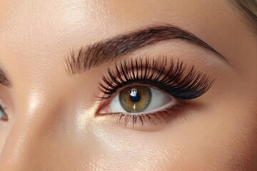 Close up of a female eye with long, lush eyelashes and artistic makeup, emphasizing fashion and beauty