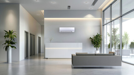 Interior room with ceiling mounted cassette type air conditioner alongside a modern lamp light on a ceiling. the duct air conditioner suitable for lobby room