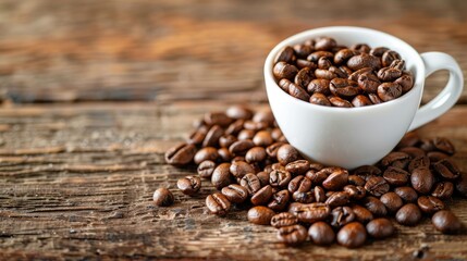 Fototapeta premium Coffee Beans on Wooden Surface with White Cup and Space for Text