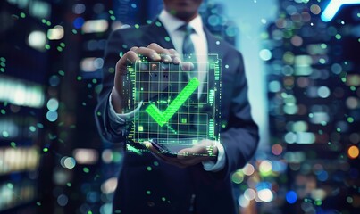 Businessman Holding Digital Hologram of Green Check Mark, Futuristic Compliance Certification