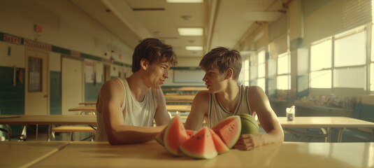 Two teenage boys share a moment of happiness and connection in a sunlit school cafeteria.