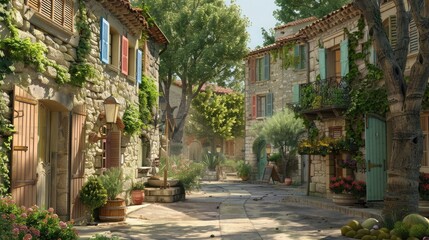 A charming Provencal village with narrow winding streets, stone houses adorned with colorful shutters, and a central square shaded by ancient plane trees.