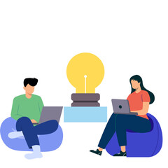 People sitting on bean bag with laptop and working. Teamwork concept. Flat style vector illustration.