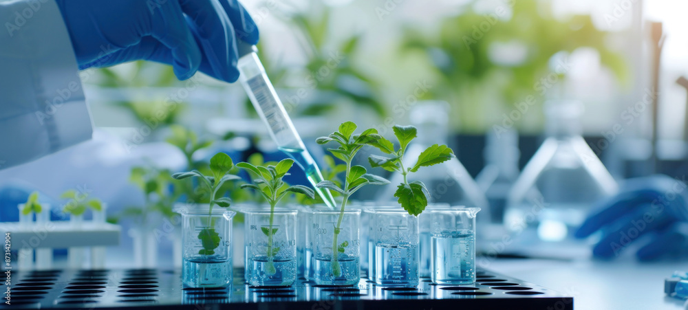Poster plants in lab tube. science laboratory experiments analysis and genetic engineering study.